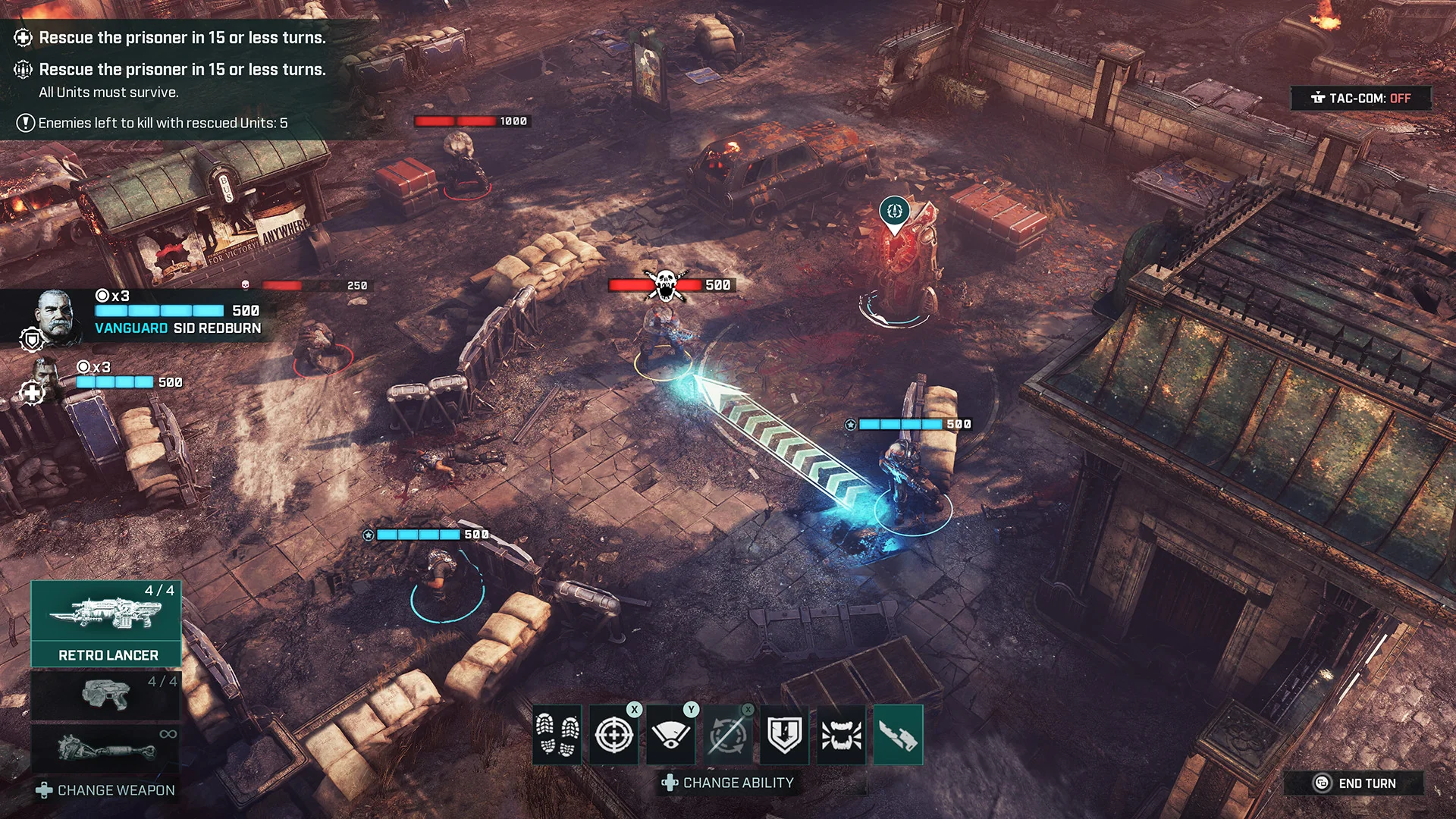 The turn-based battle screen showing the selected soldier, ability icons and an End Turn button