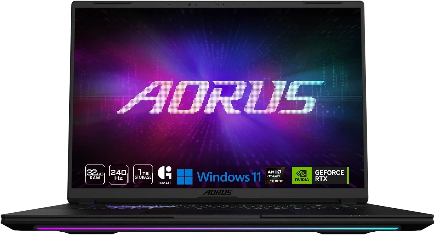 Front view of an open GIGABYTE AORUS MASTER 16 laptop with the AORUS logo on its OLED screen
