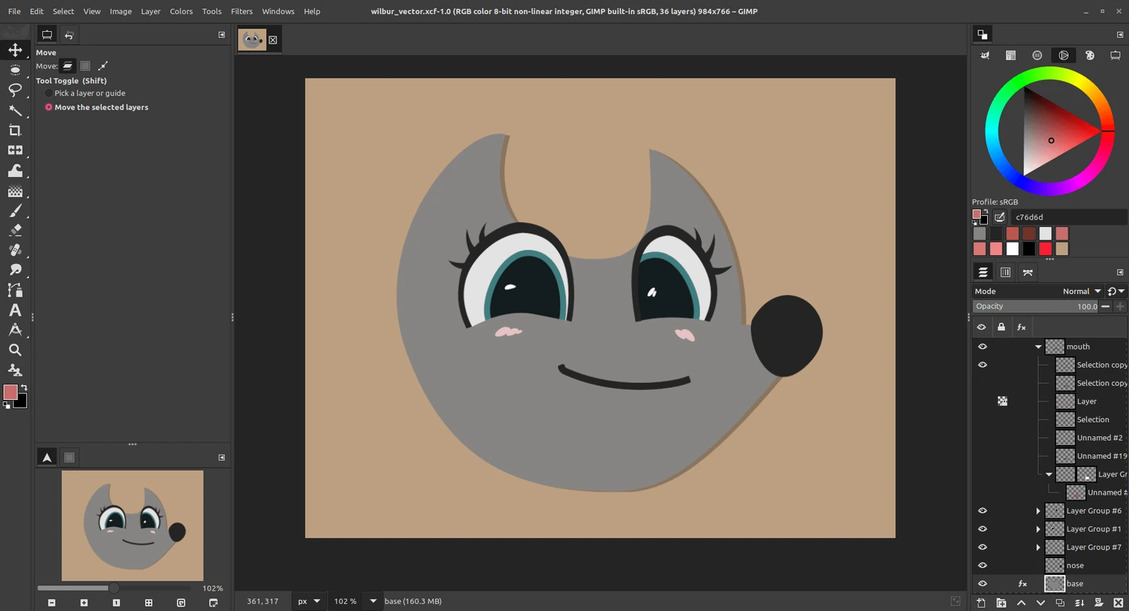 GIMP for Windows GIMP 3.2 main window in a dark theme, with the toolbox and Move tool options on the left, a cartoon Wilber mascot drawing on the canvas, and a color wheel and layer list on the right