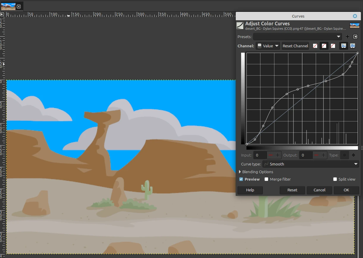 GIMP Adjust Color Curves dialog with a curve loaded from a Photoshop .acv preset file, over a cartoon desert landscape