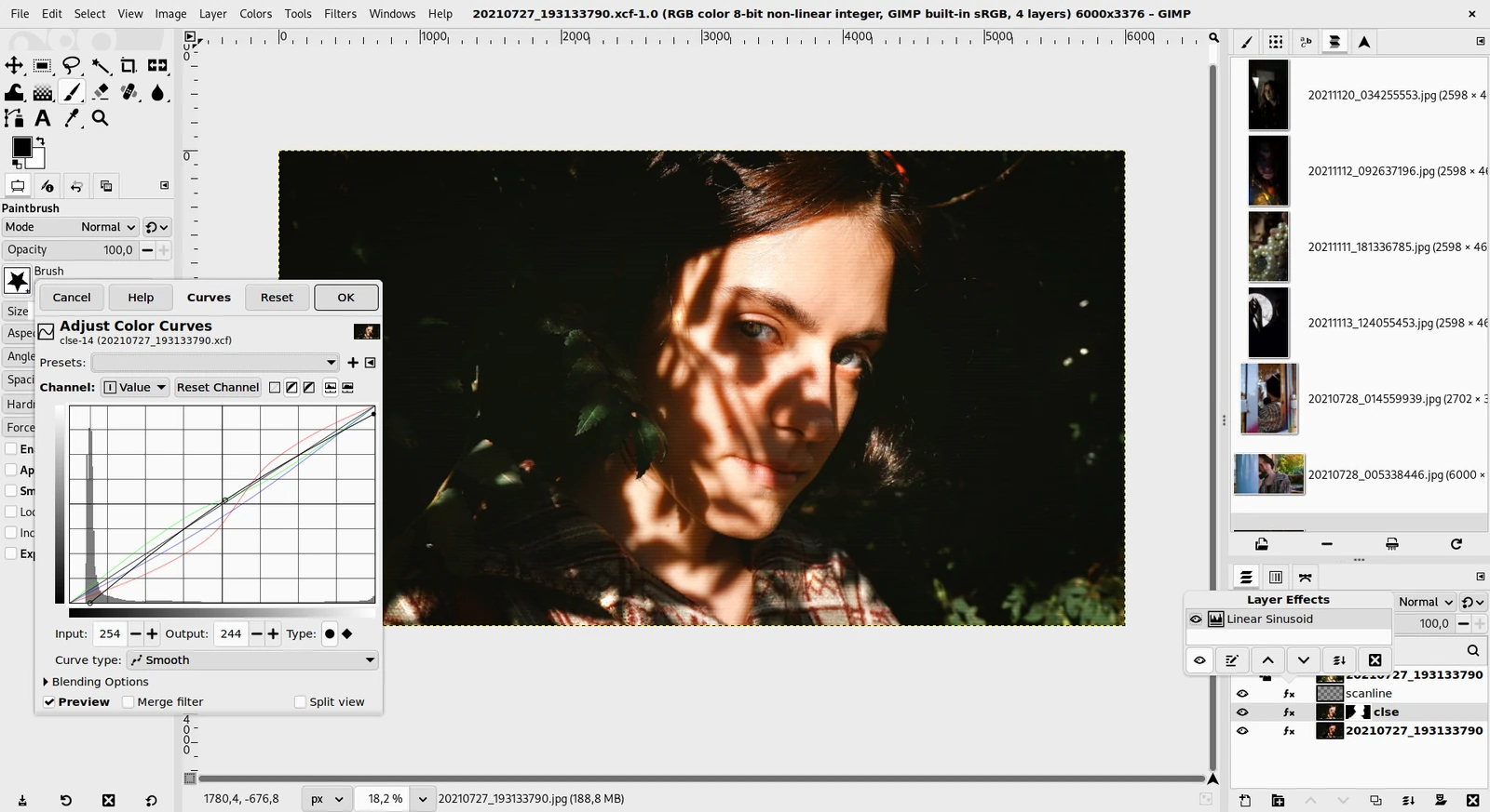 GIMP in a light theme editing a portrait photo, with the Curves dialog open and a Layer Effects list on the right showing filters that can still be edited later
