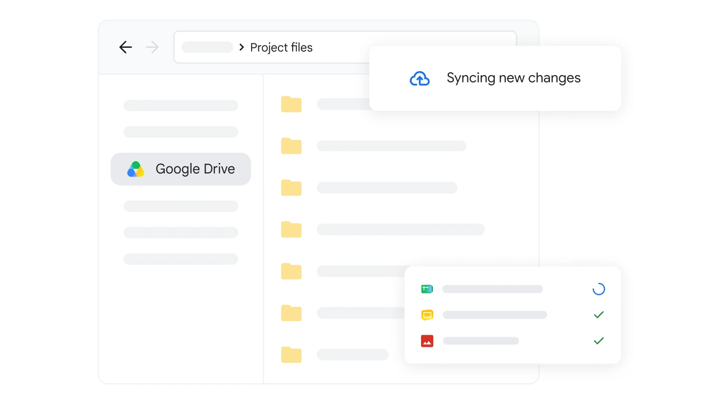 Illustration of a File Explorer window with Google Drive in the sidebar, a Project files folder open, a Syncing new changes notice and a list of files with sync check marks