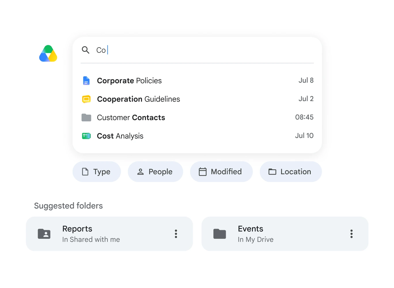 Illustration of a Google Drive search box with the letters Co typed and matching files listed below, plus Type, People, Modified and Location filters