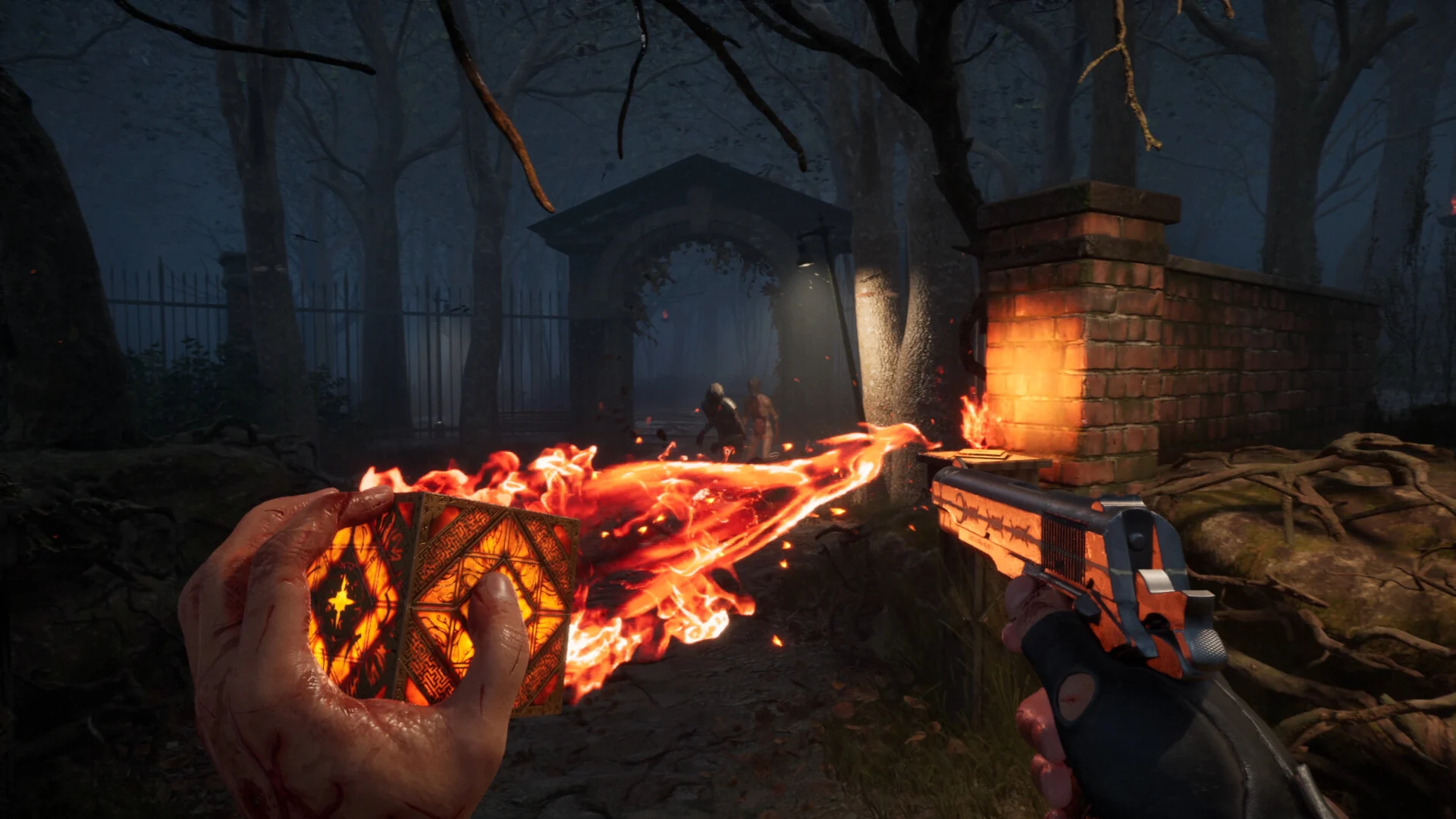 First-person view of the puzzle box shooting a stream of fire across a foggy graveyard while the other hand holds a pistol