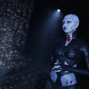 A pale female Cenobite in black leather stands under a spotlight beside a pillar built from stacked skulls