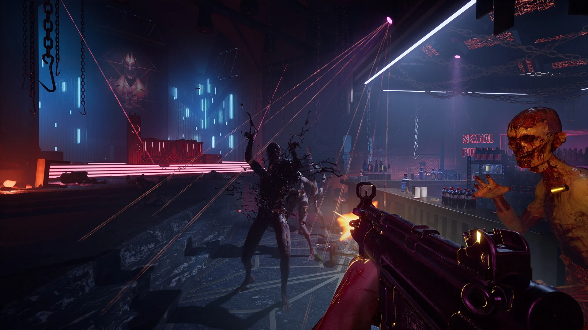 First-person view of firing a submachine gun at burned, skinless enemies in a neon-lit club with red laser lights