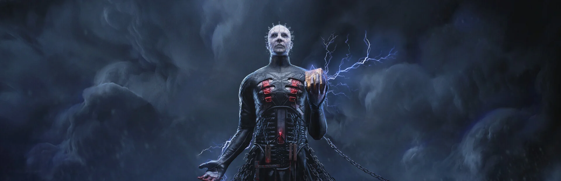 Pinhead in his black leather robes holds the glowing Genesis Configuration puzzle box as lightning crackles around it against a stormy sky