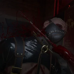A Scarlet Church cultist in a black leather mask and harness takes a bloody melee hit in a dim church hall