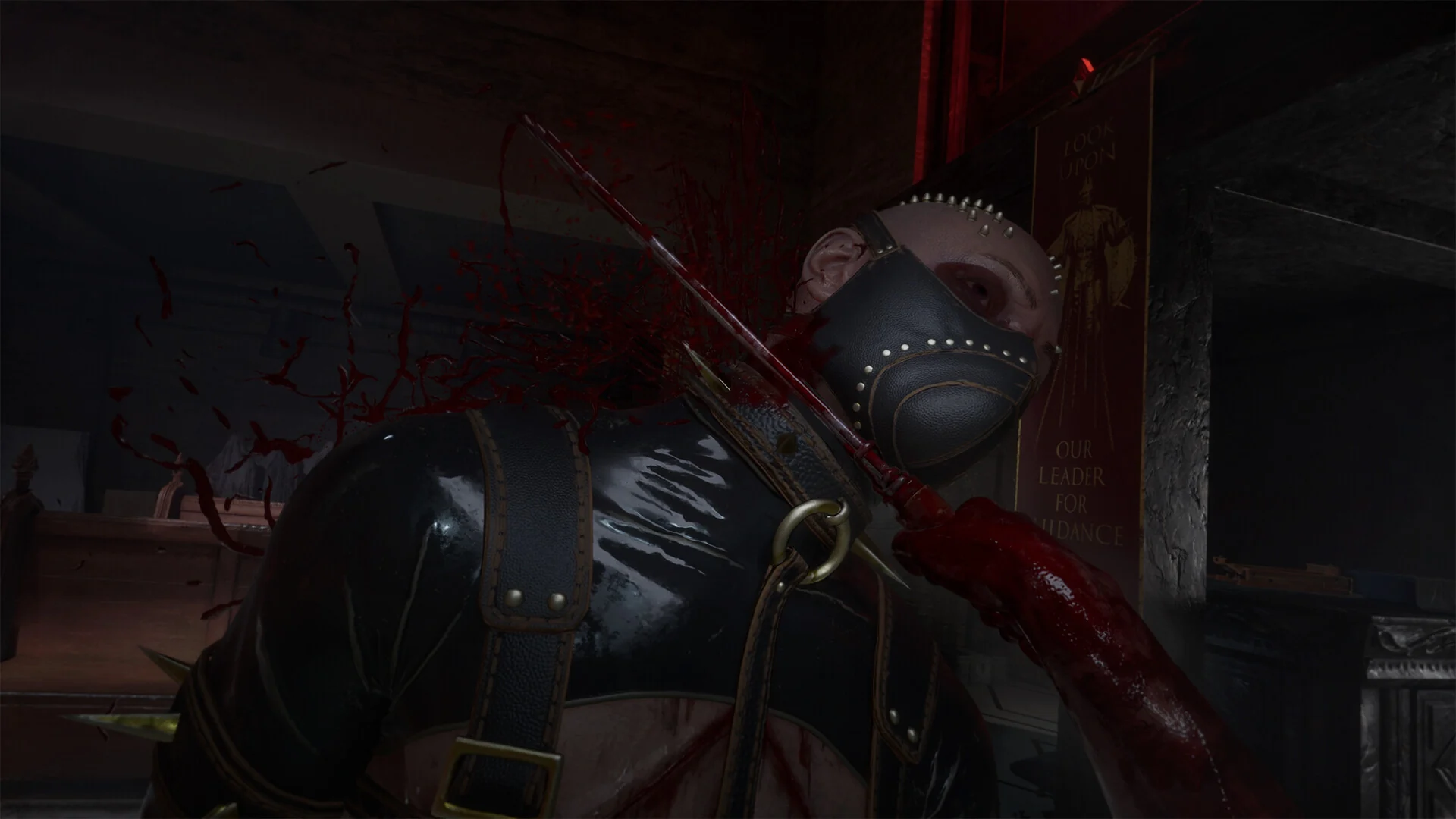 A Scarlet Church cultist in a black leather mask and harness takes a bloody melee hit in a dim church hall