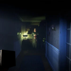 A dark house hallway lit by one wall lamp, with a figure standing at the far end beside a doorway