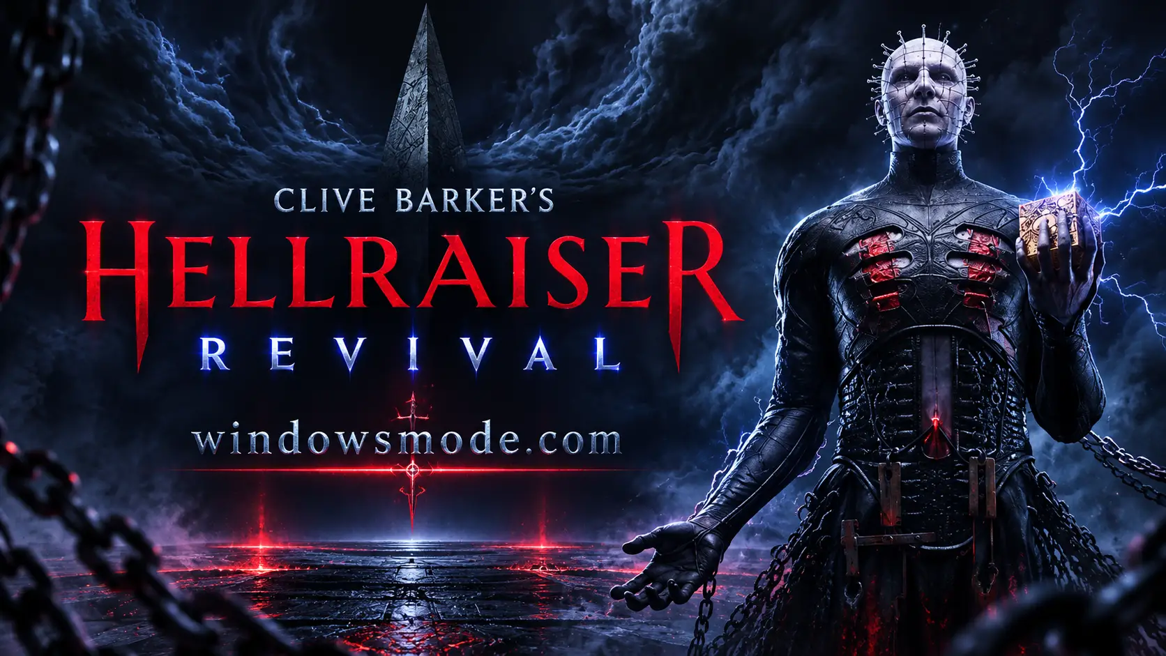 Pinhead holds the glowing golden puzzle box as blue lightning crackles beside him, next to the Hellraiser Revival logo over a dark stone floor wrapped in chains