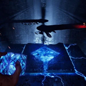 First-person view of a hand holding the glowing blue Genesis Configuration puzzle box over a stone altar as blue lightning spreads across the floor