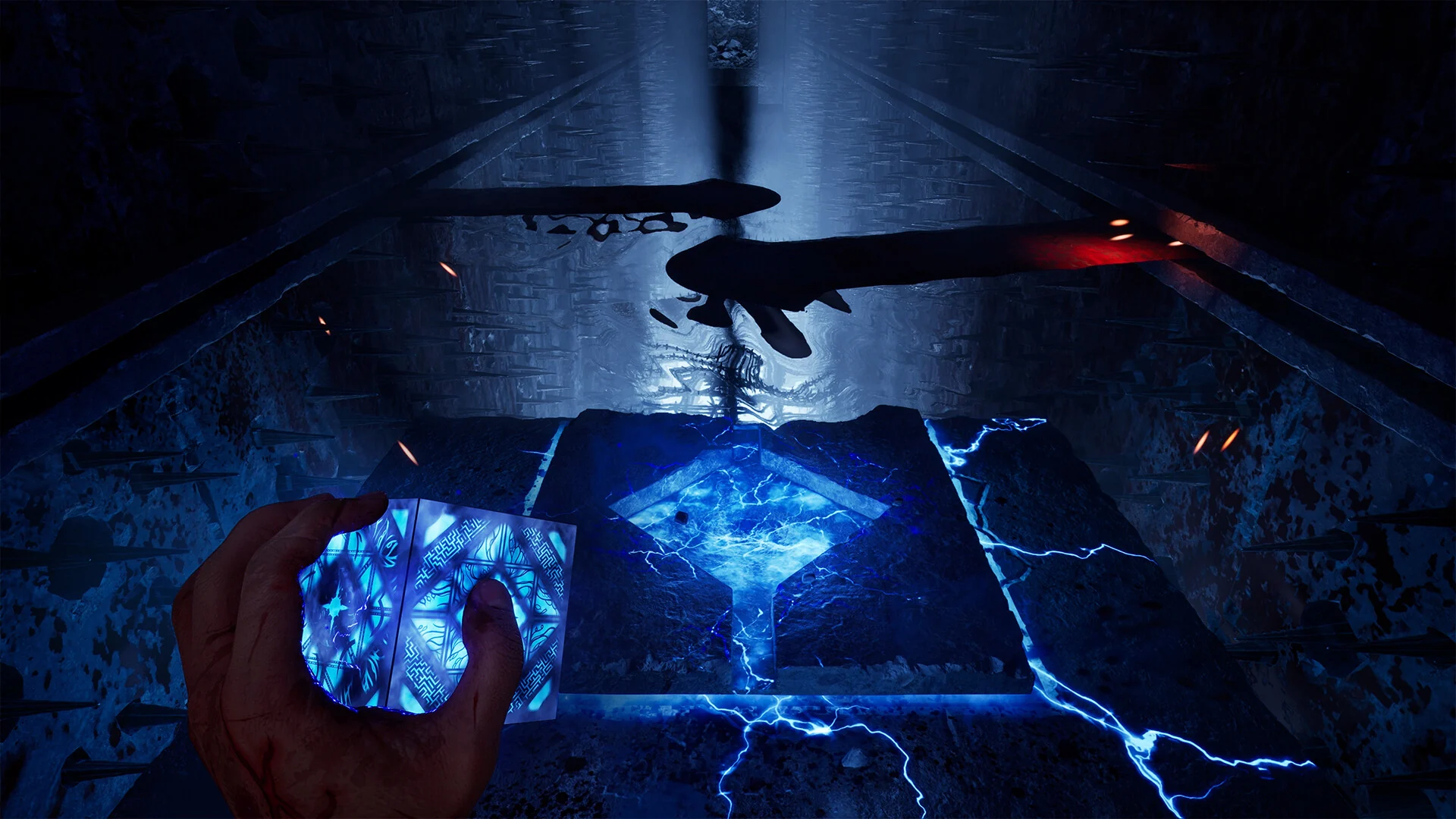 First-person view of a hand holding the glowing blue Genesis Configuration puzzle box over a stone altar as blue lightning spreads across the floor