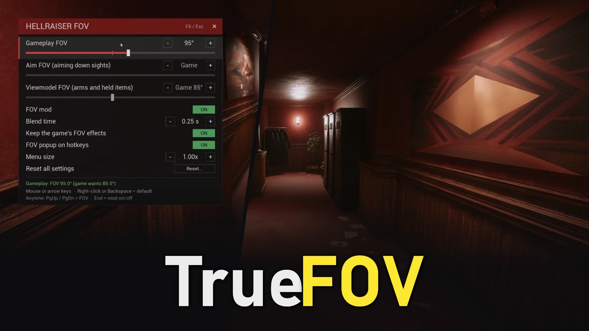 The TrueFOV mod's in-game menu with sliders for gameplay, aiming and arms field of view over a dark hotel hallway