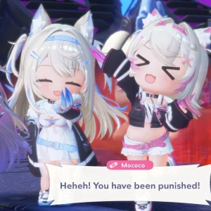 Three chibi hololive members with animal ears pose on a stage as Mococo says you have been punished