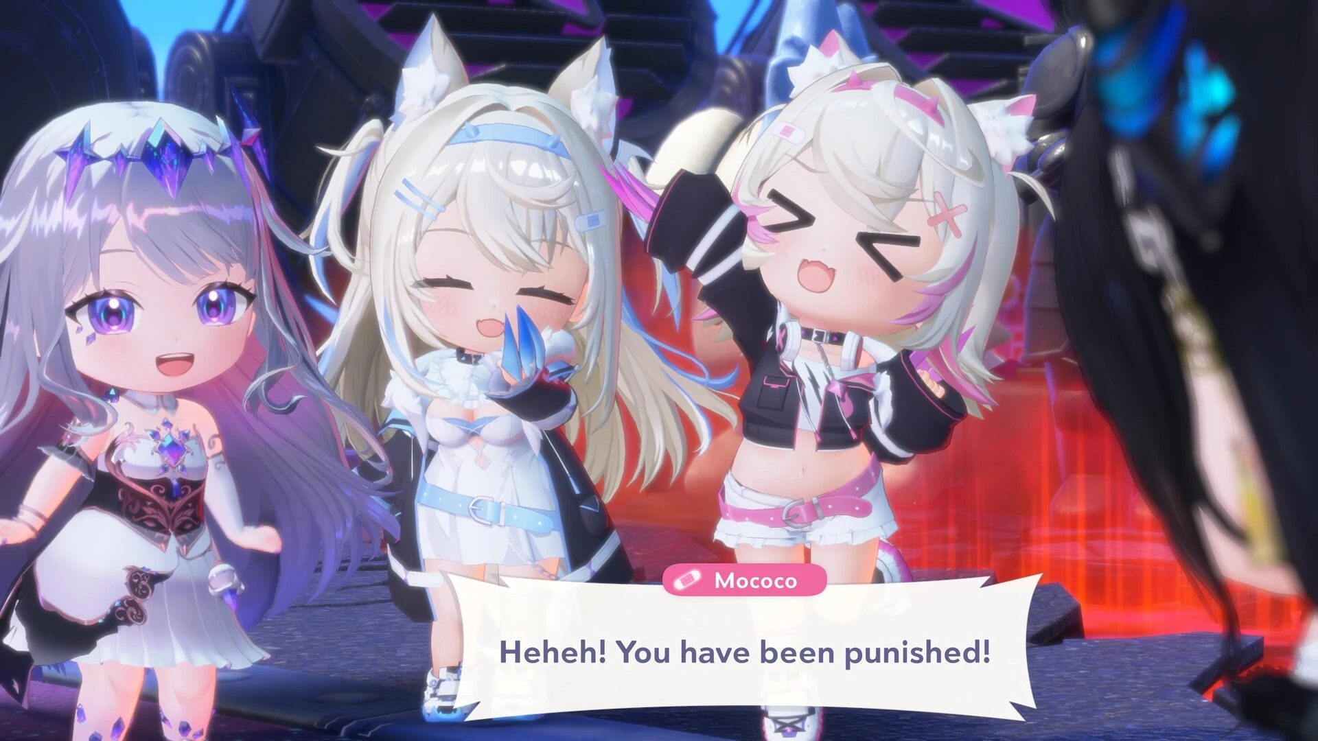 Three chibi hololive members with animal ears pose on a stage as Mococo says you have been punished