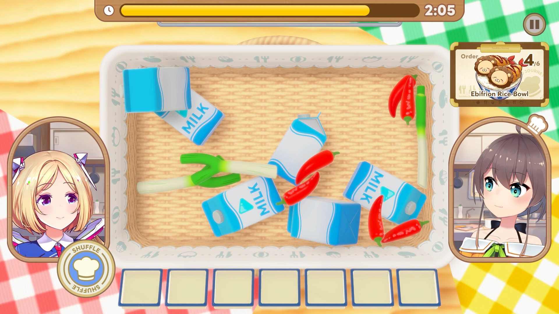 A cooking minigame tray full of milk cartons, green onions and red peppers, with a timer bar, a rice bowl order card and two hololive members beside it