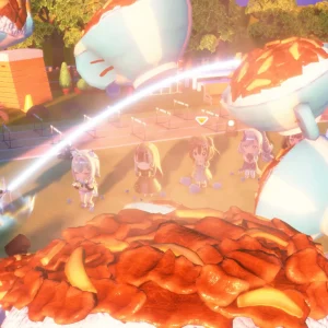 A jumping minigame where chibi members leap over a sweeping bar between giant food props, with a counter at 36 and a Jump button mapped to Space