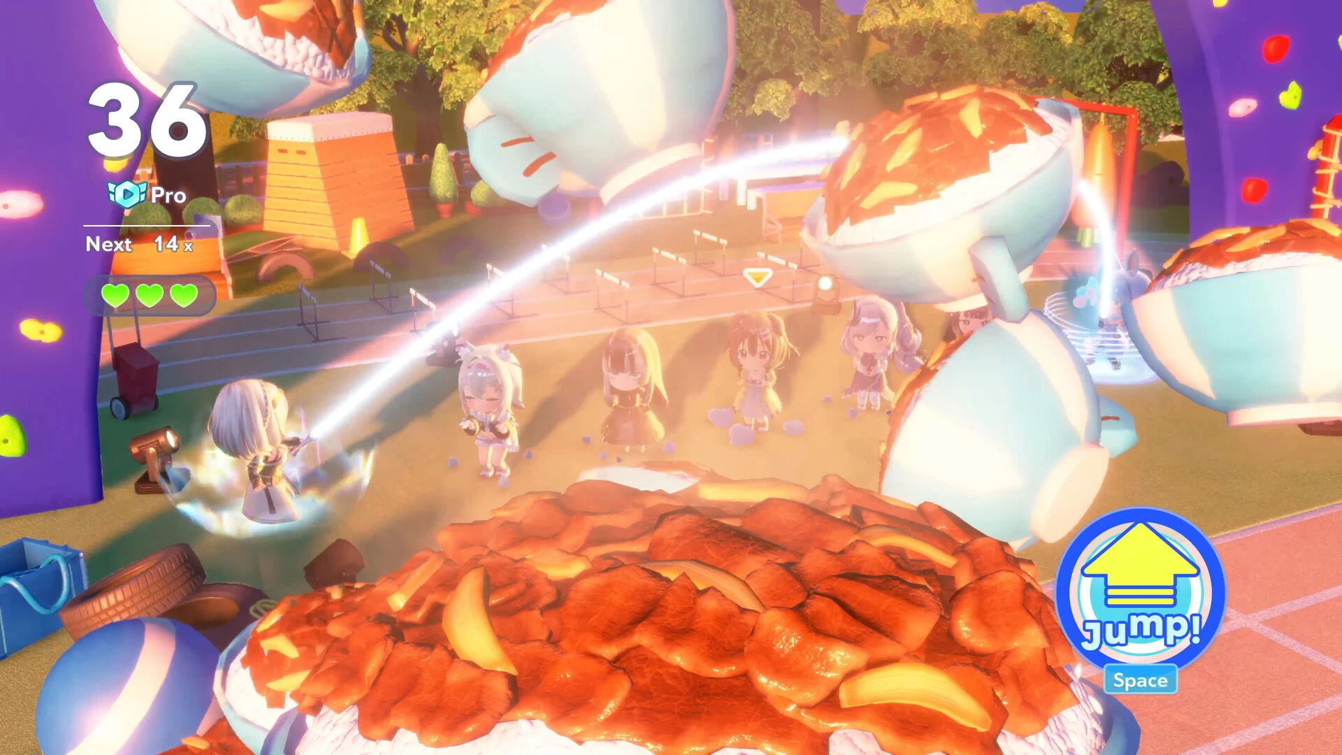 A jumping minigame where chibi members leap over a sweeping bar between giant food props, with a counter at 36 and a Jump button mapped to Space