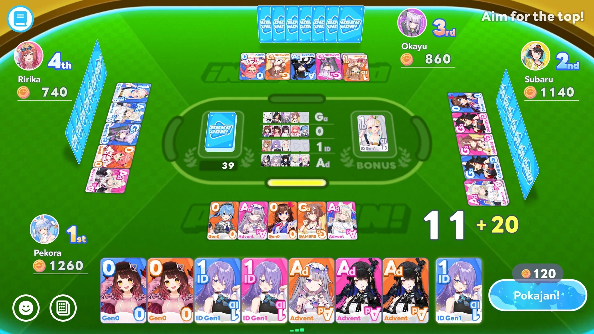 The Pokajan card minigame on a green table, with four players' scores, a hand of hololive member cards and a Pokajan button