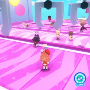 An obstacle race minigame on a pink track with swinging claws, chibi members running in a crowd and a 13th place counter