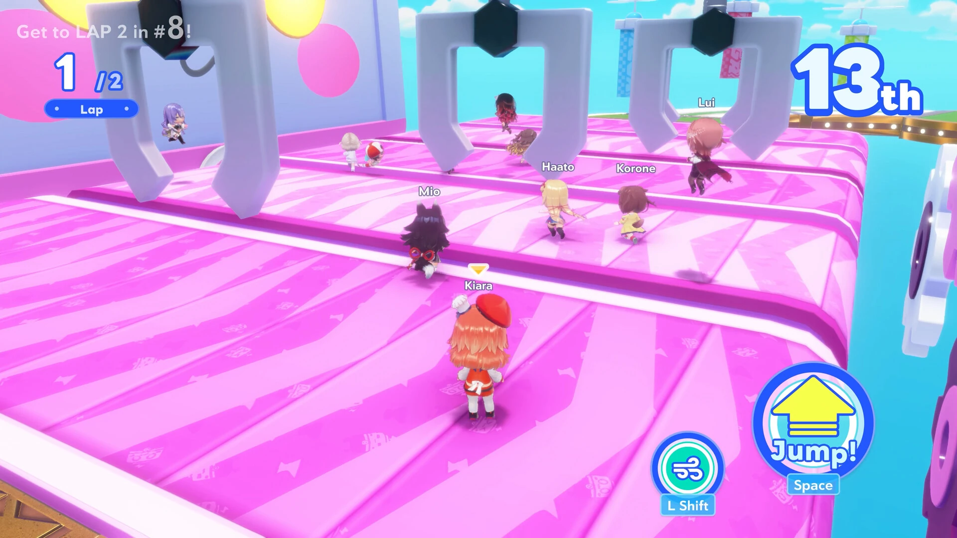 An obstacle race minigame on a pink track with swinging claws, chibi members running in a crowd and a 13th place counter