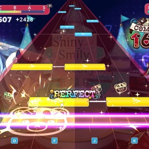 hololive Dreams rhythm game on PC with yellow notes sliding down six lanes marked S, D, F, J, K and L, a 169 combo counter and a Perfect rating