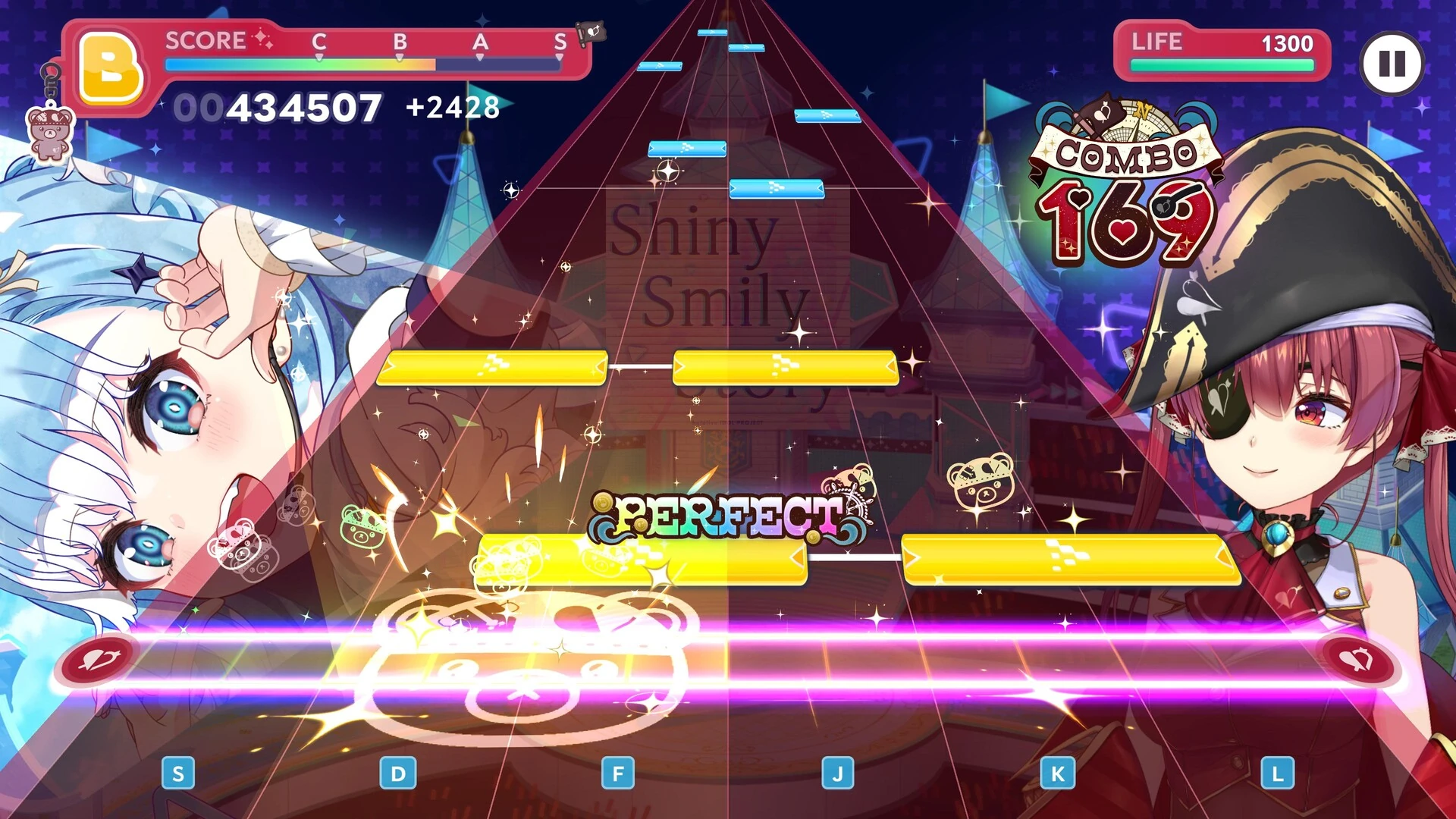 hololive Dreams rhythm game on PC with yellow notes sliding down six lanes marked S, D, F, J, K and L, a 169 combo counter and a Perfect rating