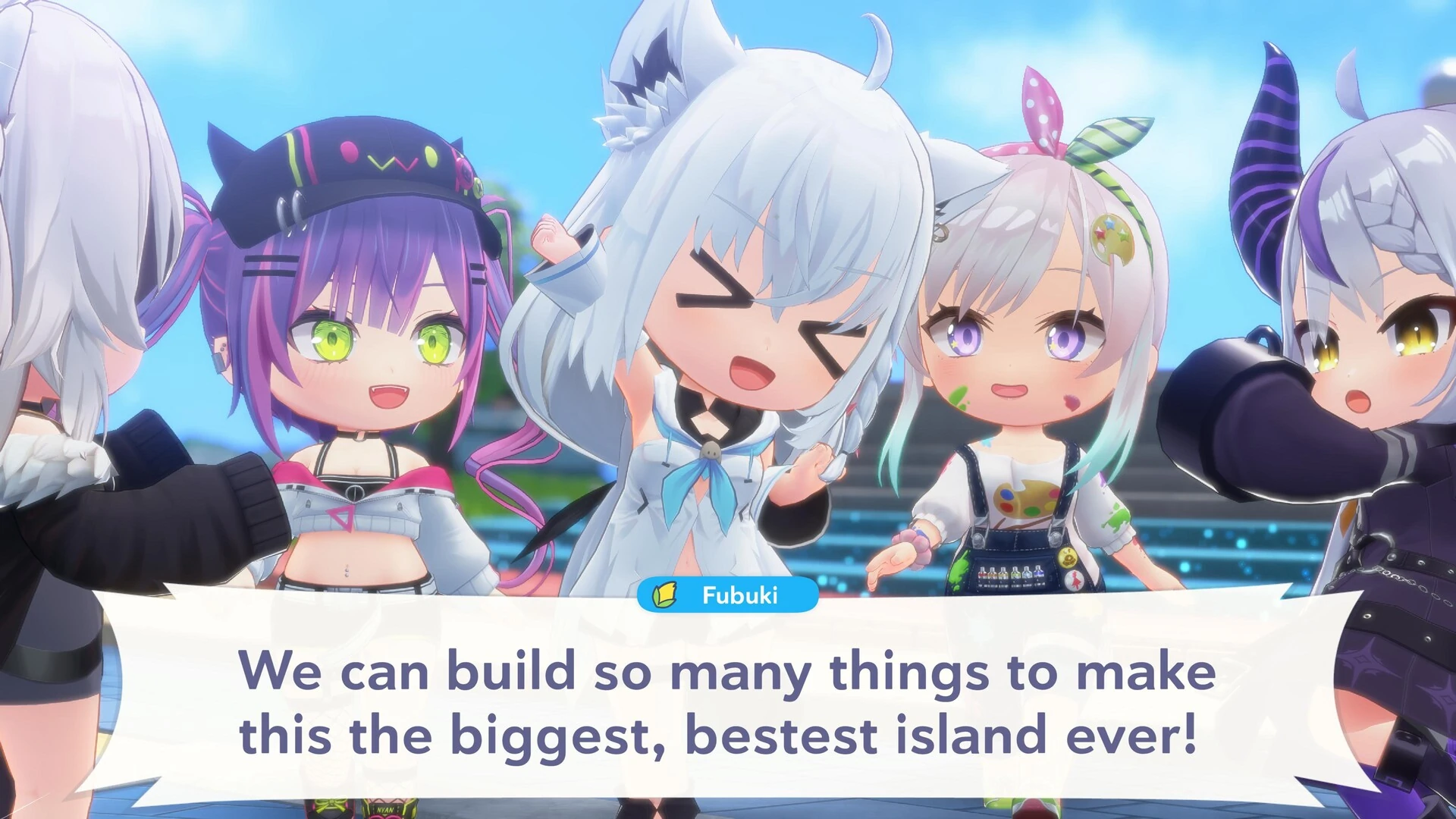 A group of chibi hololive members cheer together as Fubuki says they can build the biggest island ever