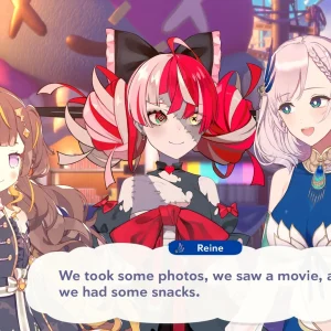 Three hololive members stand together in a story scene at night as Reine says they took photos, saw a movie and had snacks