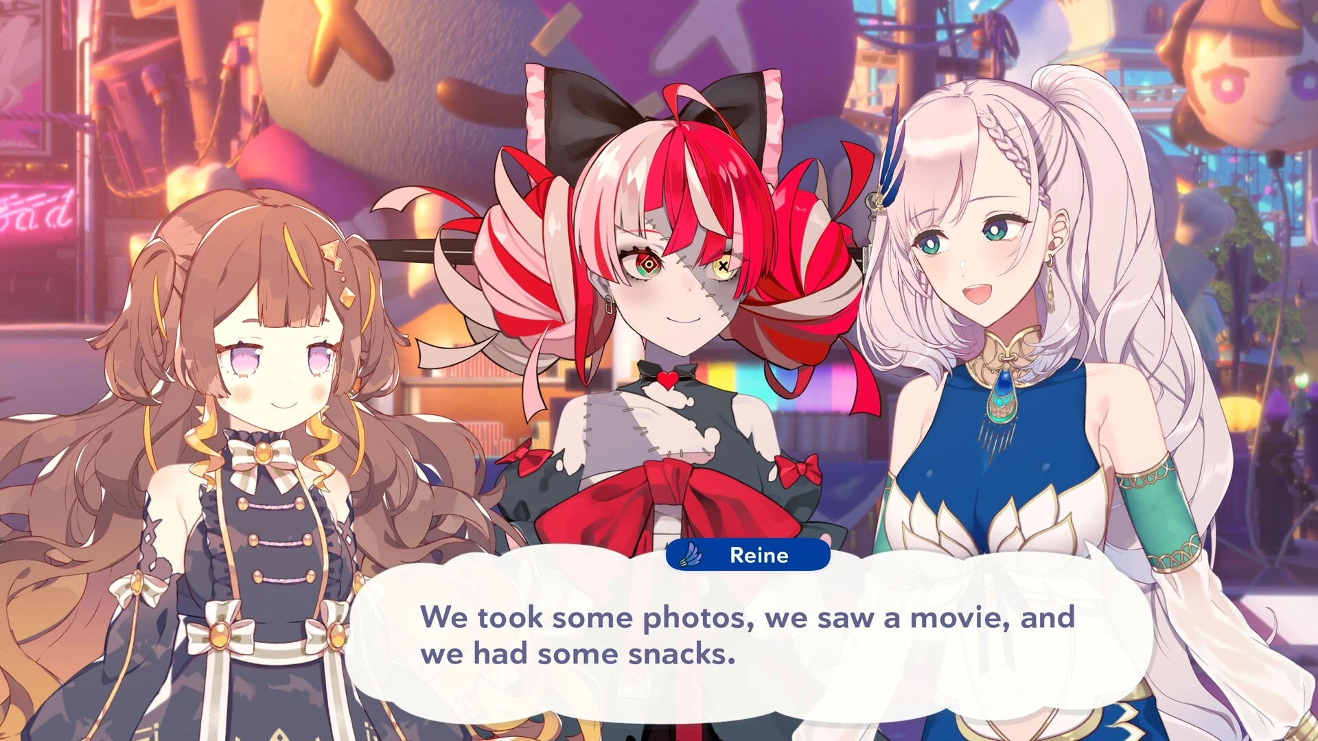 Three hololive members stand together in a story scene at night as Reine says they took photos, saw a movie and had snacks