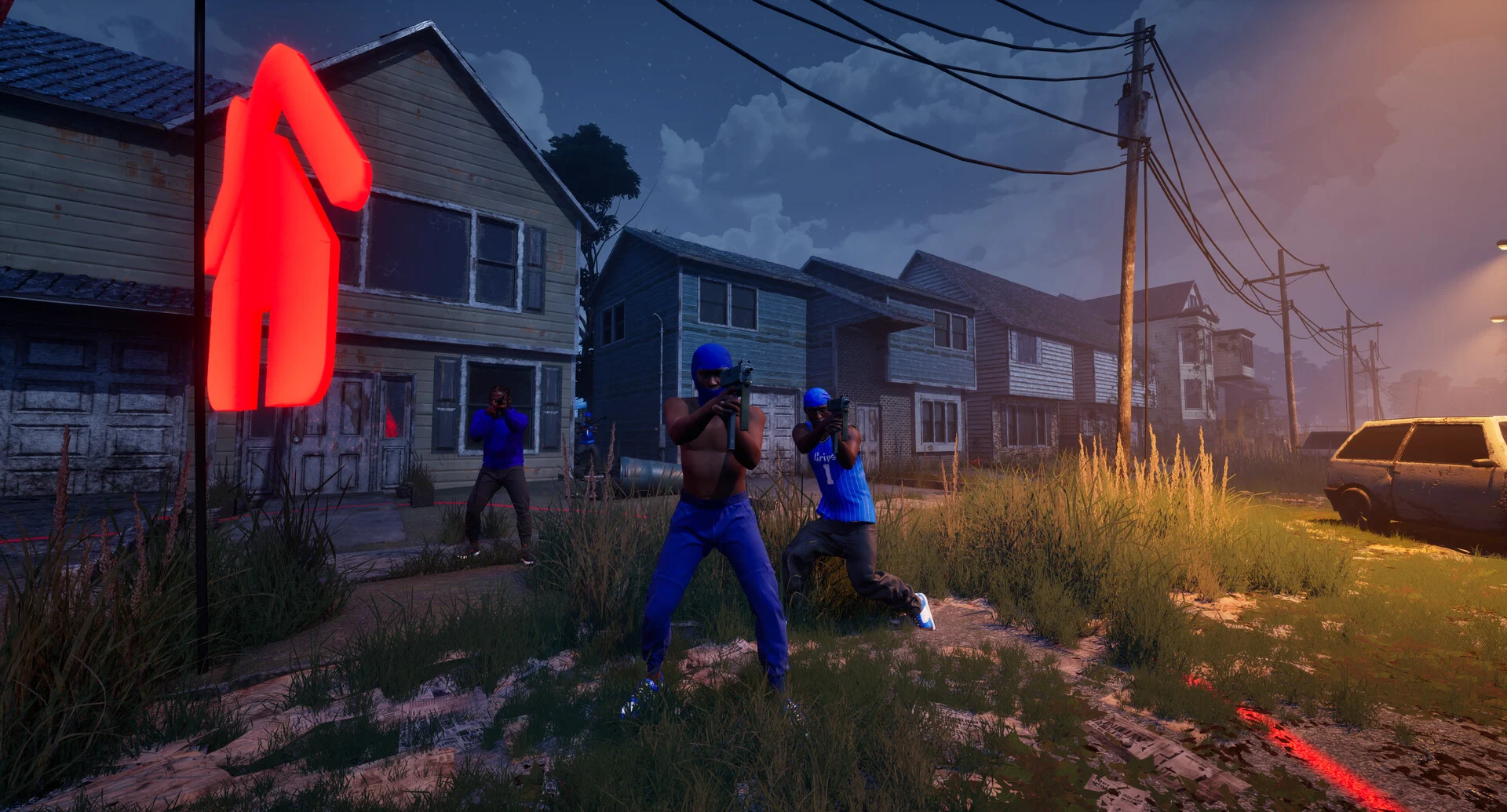 A squad of blue gang players with rifles moves through tall grass between wooden houses at sunset, beside a glowing red turf marker
