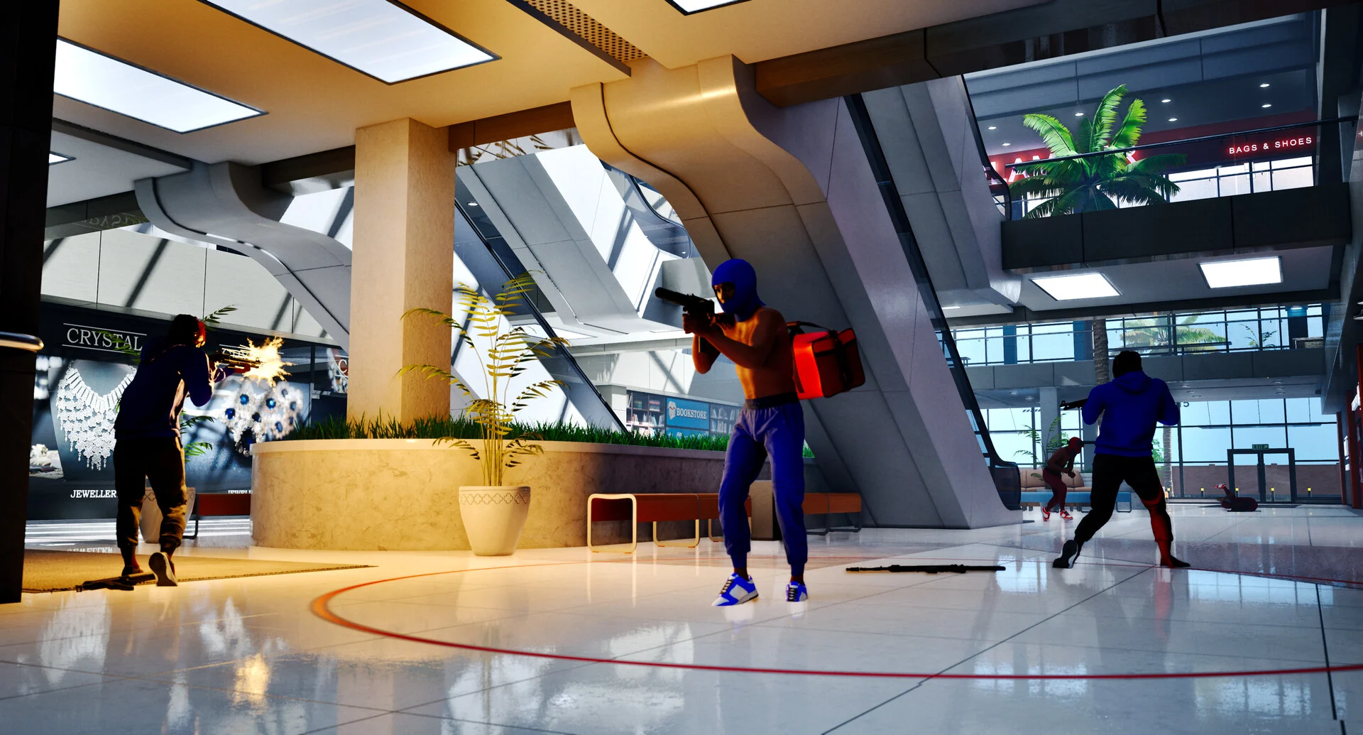 Players from the red and blue gangs trade fire across the bright atrium of Chicago Mall, one carrying a red bag, with escalators and shop fronts behind them