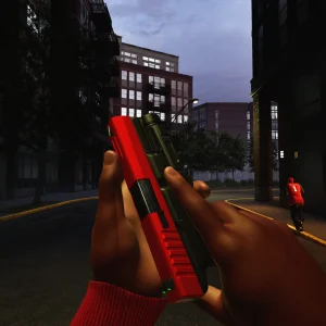 First-person view of a player checking a red and black pistol on a dark downtown street while a rival in red runs past apartment blocks