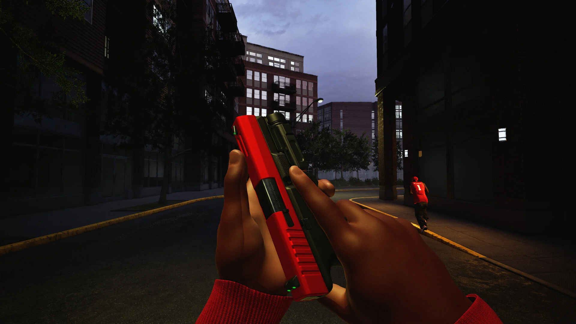 First-person view of a player checking a red and black pistol on a dark downtown street while a rival in red runs past apartment blocks