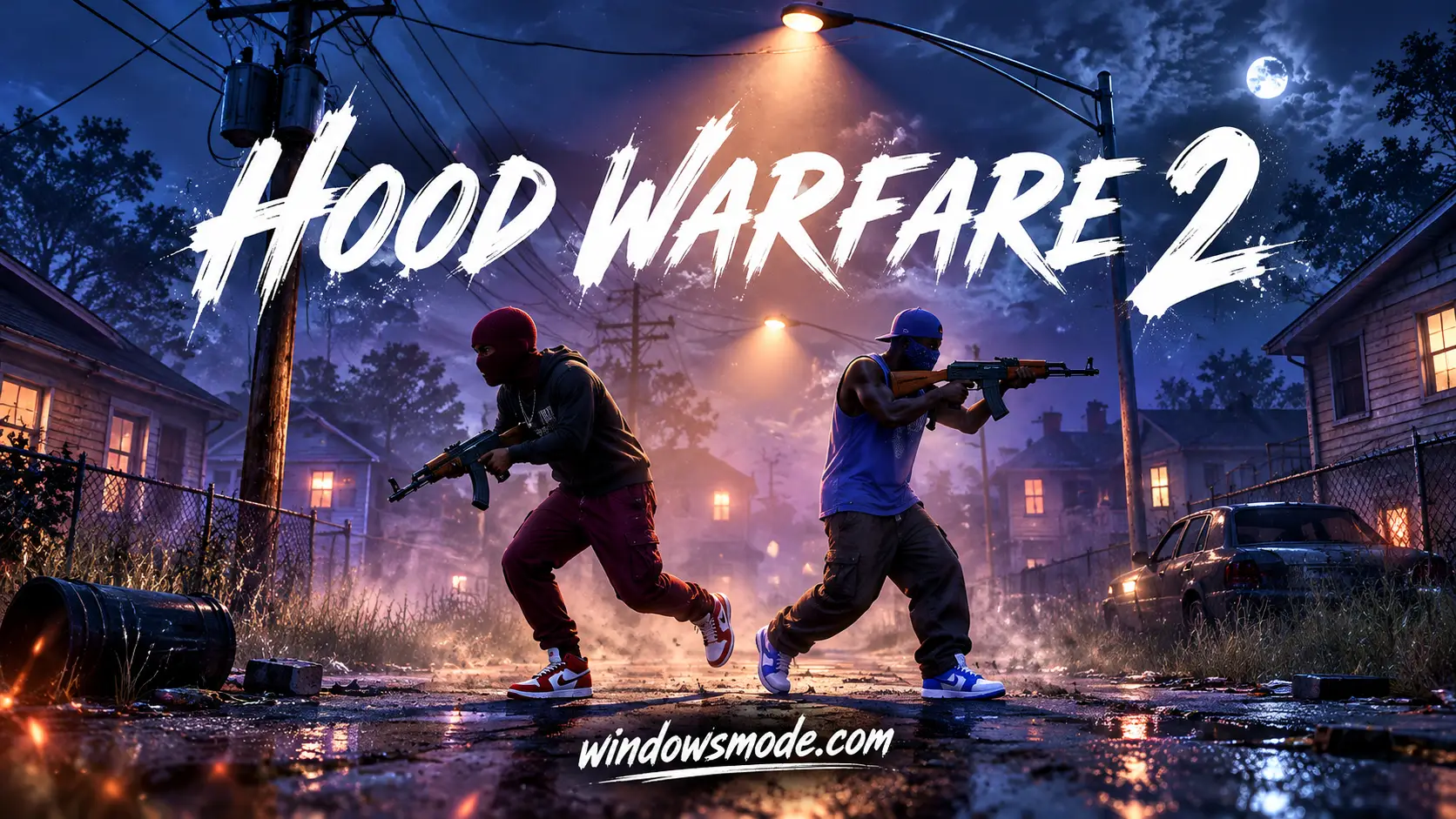 Two gang members, one in a red ski mask and one in a blue cap and bandana, run with rifles down a wet street of wooden houses at night under the Hood Warfare 2 title