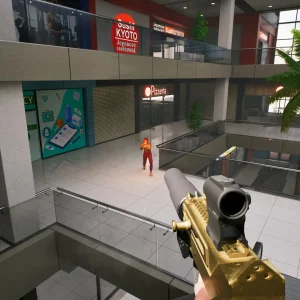 First-person view of a gold submachine gun aimed from an upper balcony of Chicago Mall at a rival on the floor below, near a sushi restaurant sign