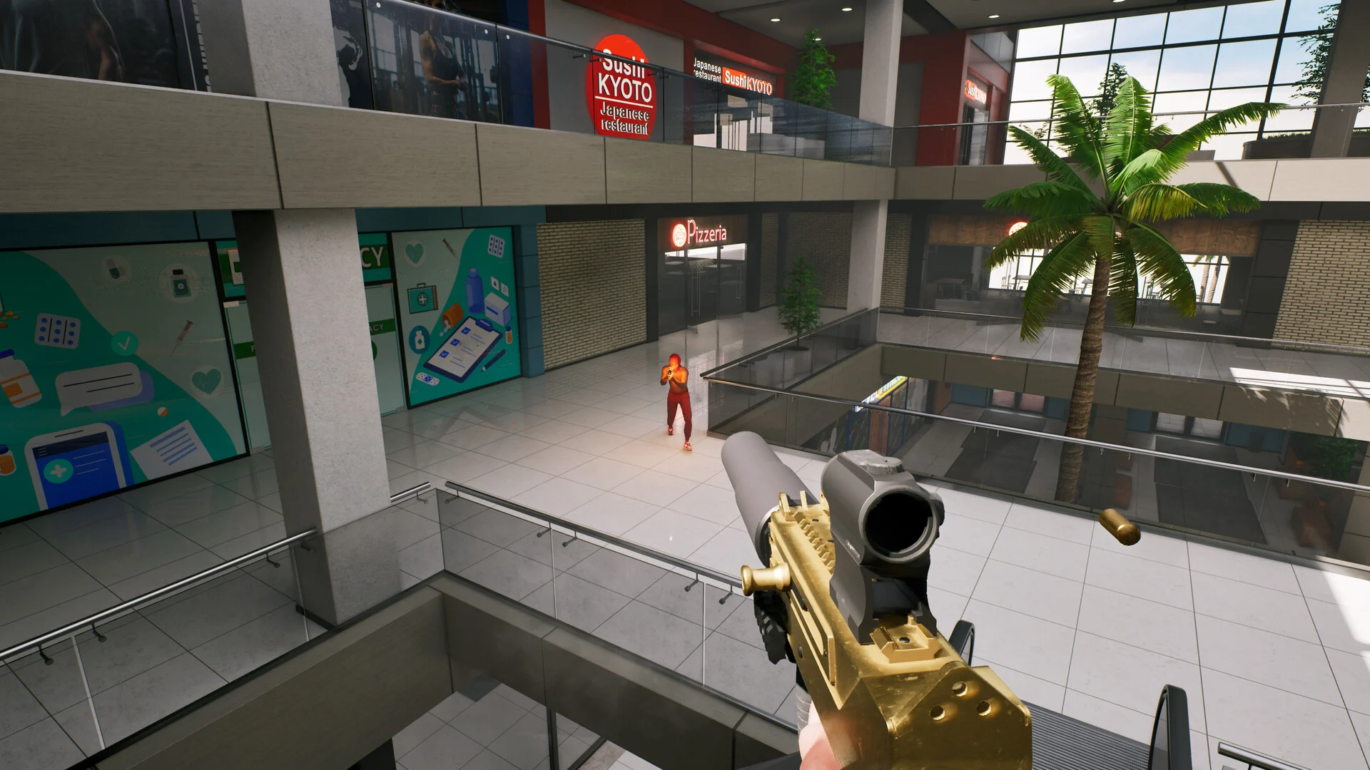 First-person view of a gold submachine gun aimed from an upper balcony of Chicago Mall at a rival on the floor below, near a sushi restaurant sign