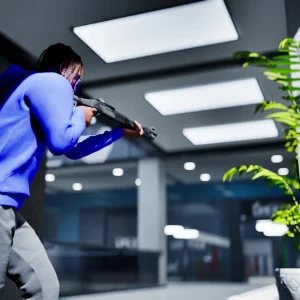 A player in a blue hoodie with a red bag on his back aims a rifle around a corner inside a modern mall corridor