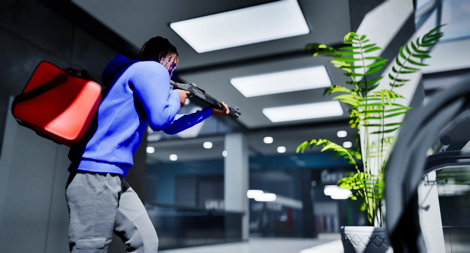 A player in a blue hoodie with a red bag on his back aims a rifle around a corner inside a modern mall corridor