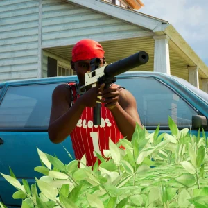 Hood Warfare 2 red gang player taking cover