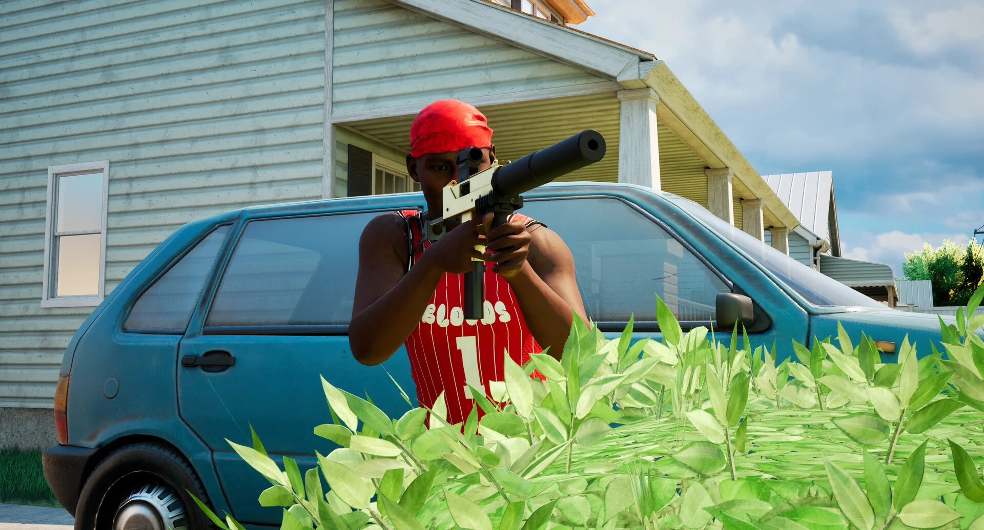 A player in a red bandana and red basketball jersey aims a suppressed submachine gun from behind a parked car and a bush in a sunny suburban street
