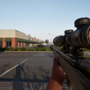 First-person view holding a scoped bolt-action sniper rifle in an empty parking lot outside a row of shops on a clear day