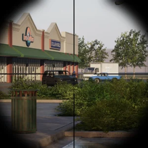 View through a sniper scope looking across a parking lot at a strip mall with parked cars and a Dollar World sign