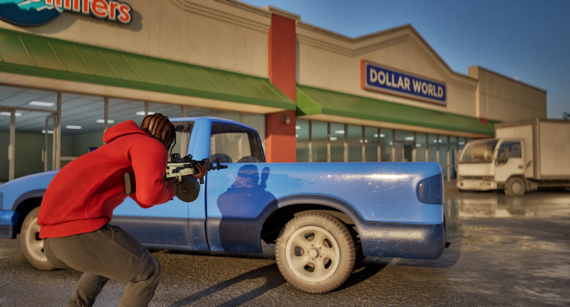 A player in a red hoodie crouches behind a blue pickup truck and fires a rifle in a strip mall parking lot in front of a Dollar World store
