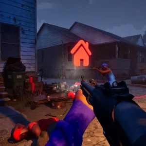 First-person view of a player in a purple sleeve aiming a shotgun at a rival in a blue bandana outside run-down houses at dusk, with a red turf marker floating above the street