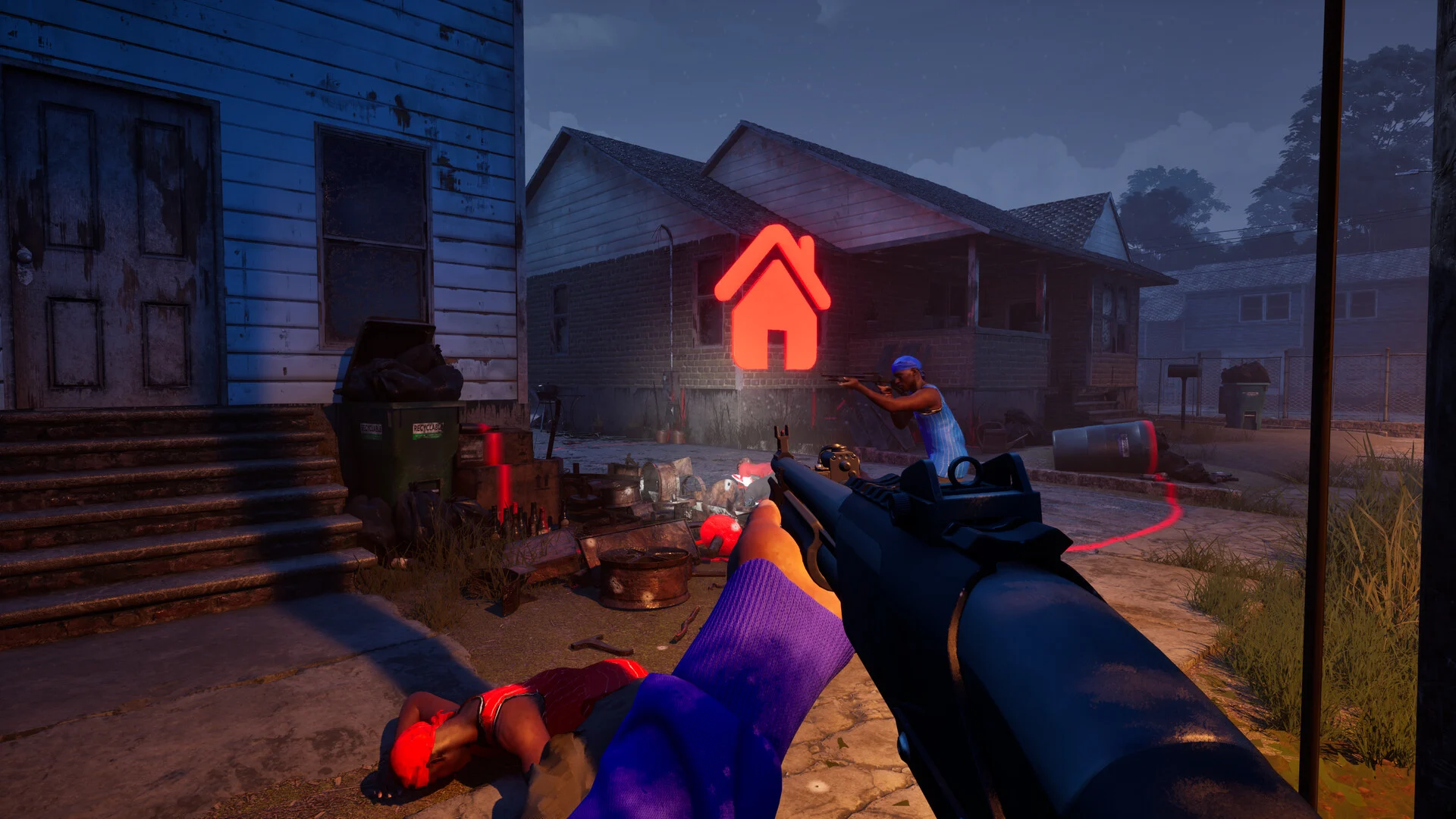 First-person view of a player in a purple sleeve aiming a shotgun at a rival in a blue bandana outside run-down houses at dusk, with a red turf marker floating above the street