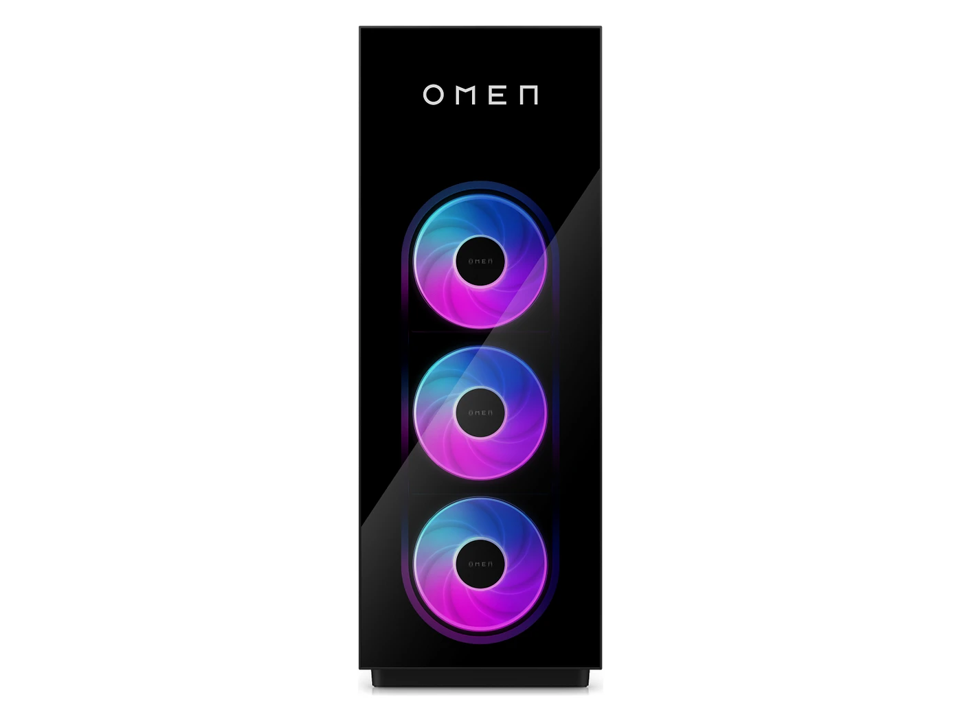 Front view of a black HP OMEN MAX 45L gaming desktop with three purple and blue RGB fans behind a glass front panel