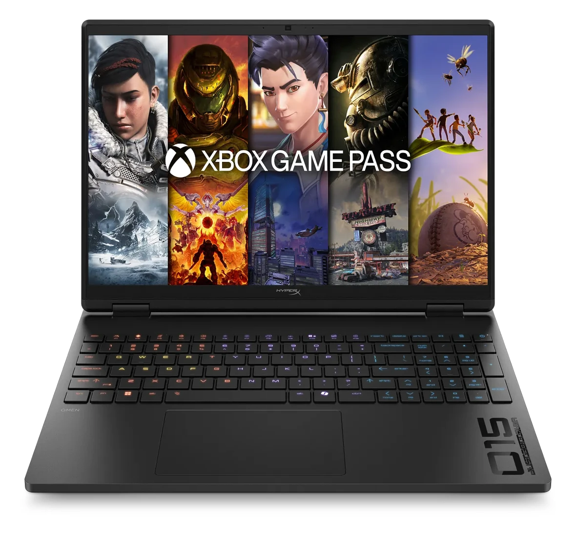 Front view of an open HyperX OMEN 15 gaming laptop showing the Xbox Game Pass library on screen