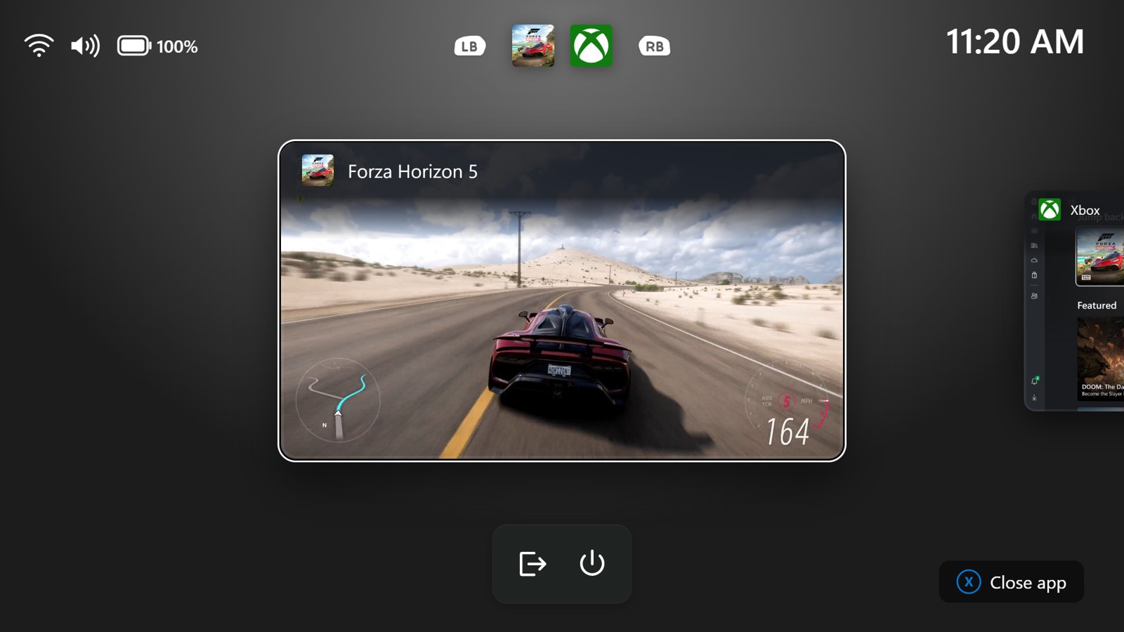 Gaming Task View in Windows 11 Xbox mode showing the new navigation bar with Exit to Desktop and Power options